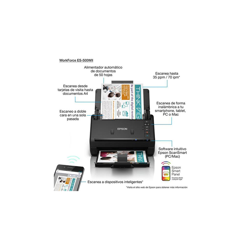 SCANNER EPSON ES-500WII WIFI DUPLEX 35PPM /70 IMP ADF 50 HOJAS CICLO DIARIO 4.000 PAGS