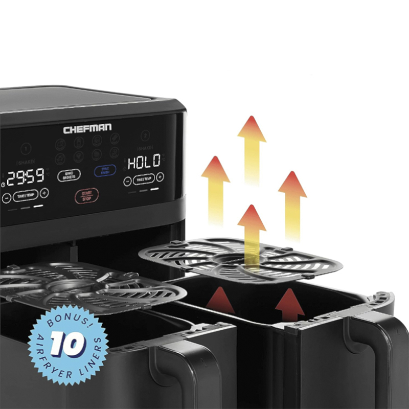 Freidora de Aire Dual 2 Cestas-2.85lts Cada Uno 1700w Panel Digital Apagado Automático Negro Chefman