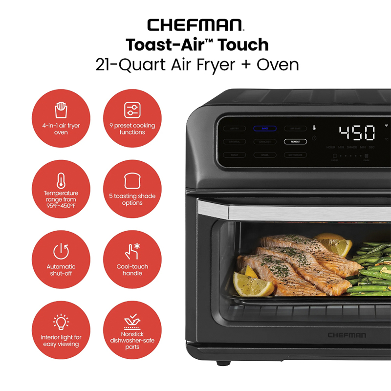 Horno Tostador Airfryer 9 en 1  20lts Pantalla Touch 1800w Acero Inoxidable  Negro Chefman