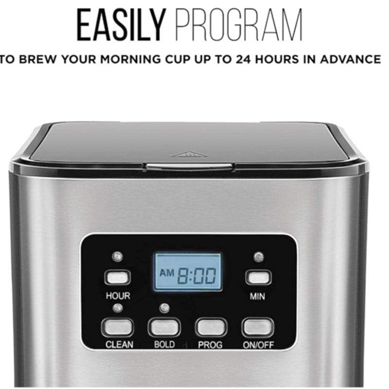 Cafetera 12 Tazas Programable Digital Función Bold Con Jarra de Vidrio Acero Inoxidable Chefman