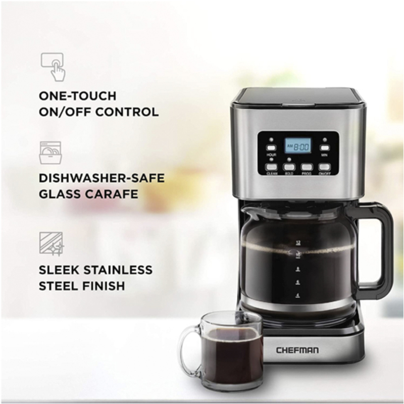 Cafetera 12 Tazas Programable Digital Función Bold Con Jarra de Vidrio Acero Inoxidable Chefman