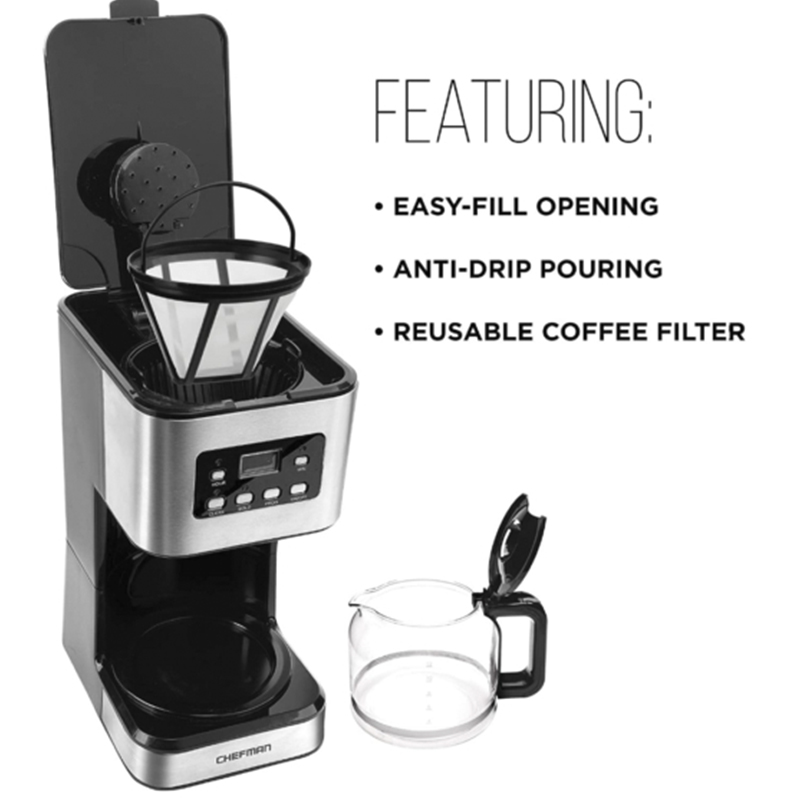 Cafetera 12 Tazas Programable Digital Función Bold Con Jarra de Vidrio Acero Inoxidable Chefman