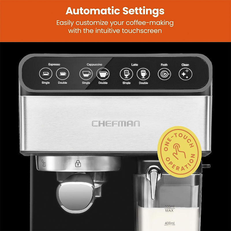 Cafetera Expreso-Capuchino Late 6en1 Touch con 15 Bares 1.8lts Acero Inoxidable Chefman