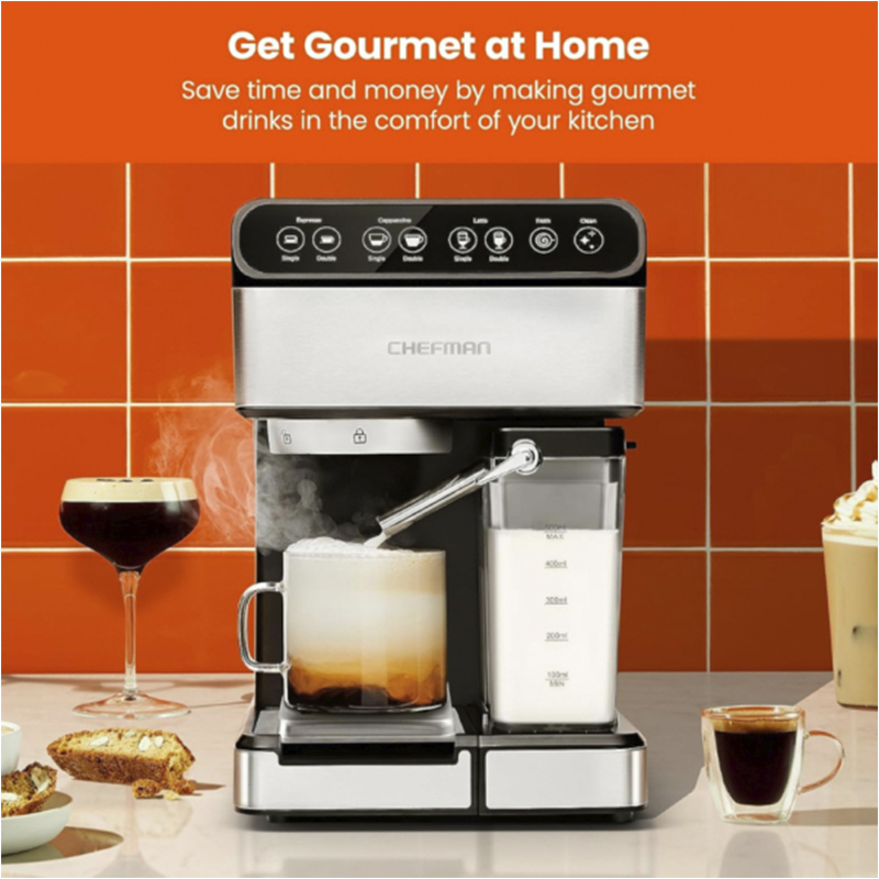 Cafetera Expreso-Capuchino Late 6en1 Touch con 15 Bares 1.8lts Acero Inoxidable Chefman