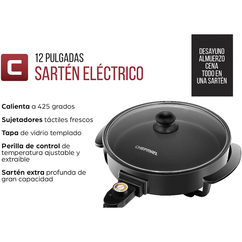Sartén Eléctrico 12pulg. Redondo 3 en 1 Control Temperatura Antiadherente Negro Chefman