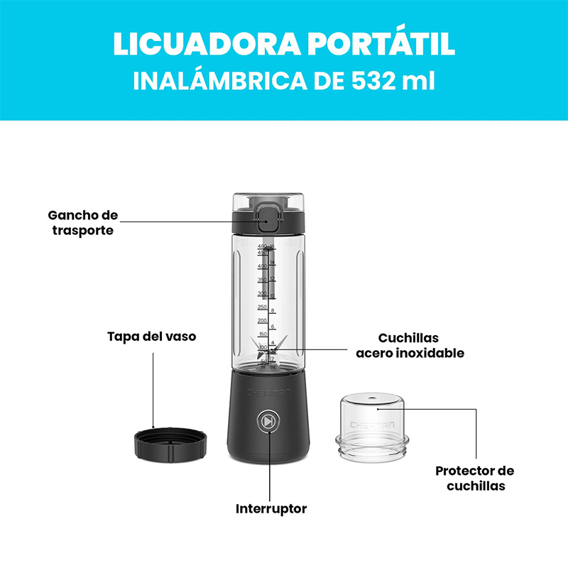 Licuadora Inalámbrica Vaso Plástico Luz Led Chefman