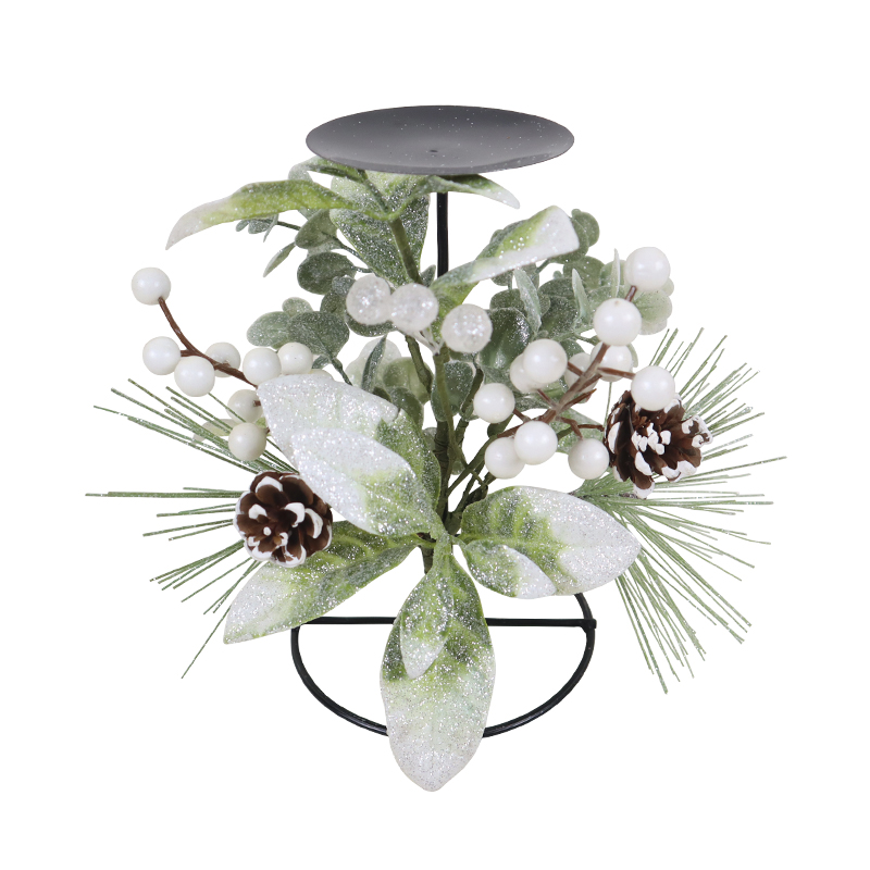 Porta vela Navideño con Piñones y Hojas Blancas 22cm