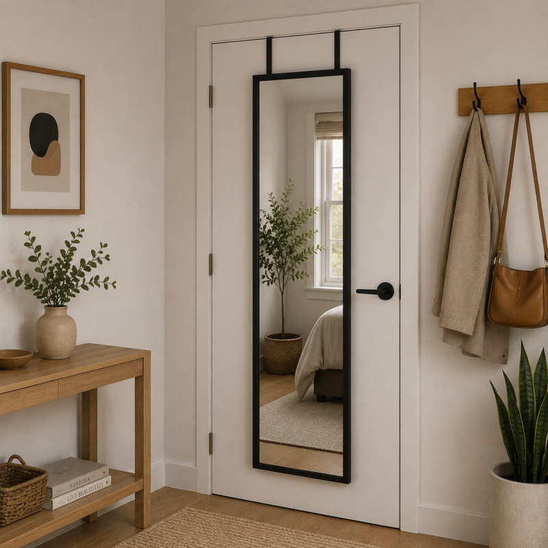 Espejo Cuerpo Entero 30x120cm Marco Negro con Soporte para Puerta
