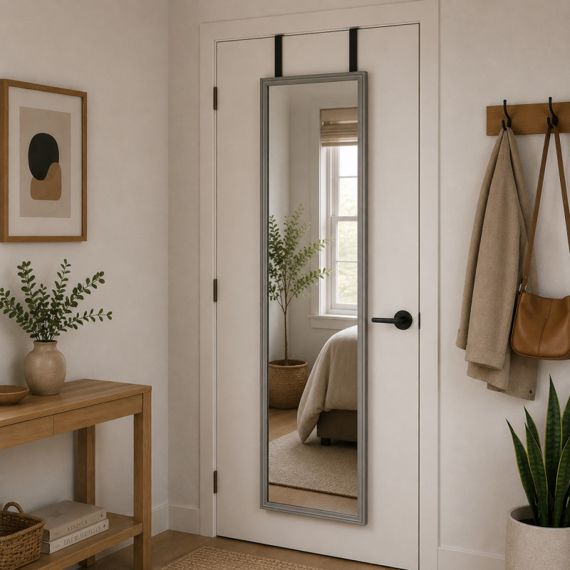 Espejo Cuerpo Entero 30x120cm Marco Gris con Soporte para Puerta