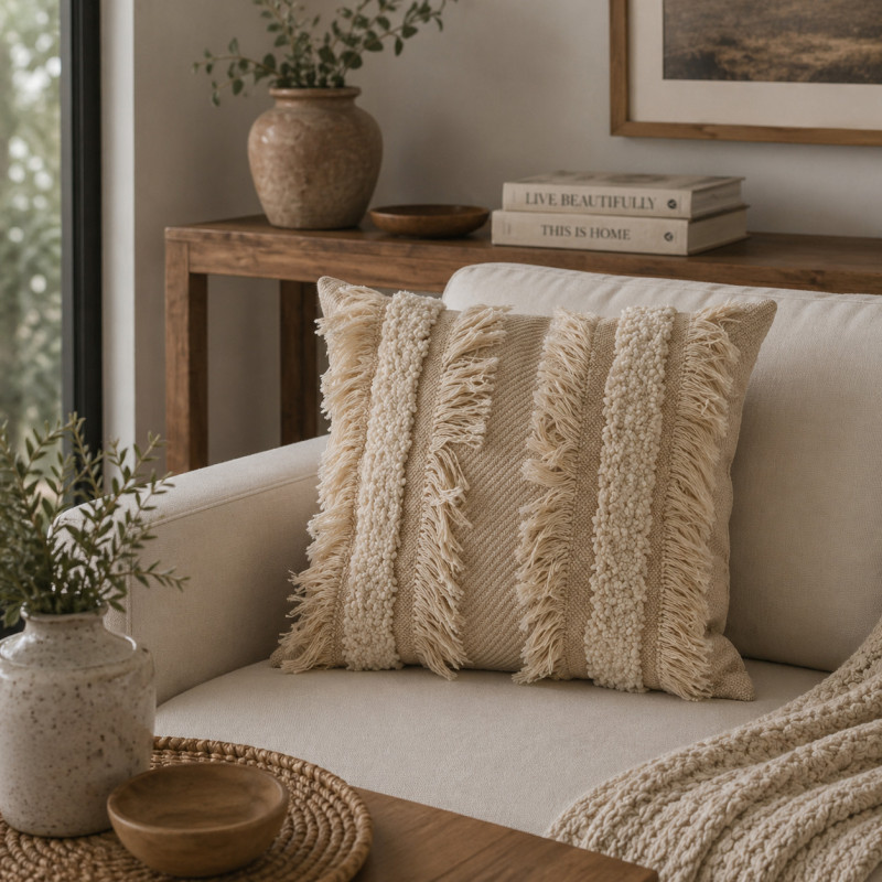 Cojín Decorativo 45x45cm Tejido Beige con Flecos