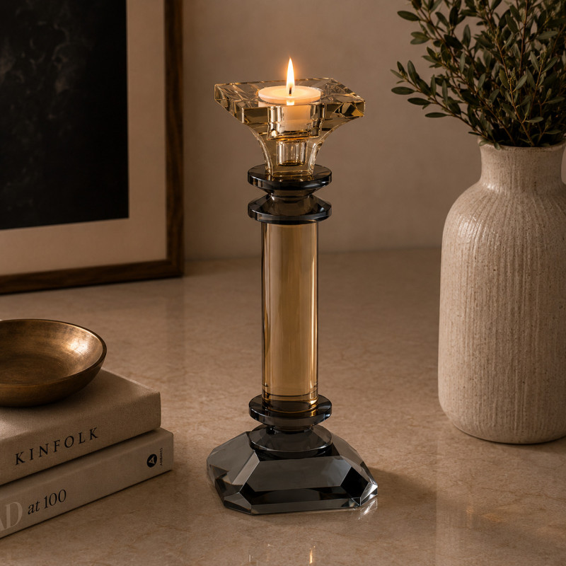 Porta Vela Cristal Amber Smoky 11x11x30cm