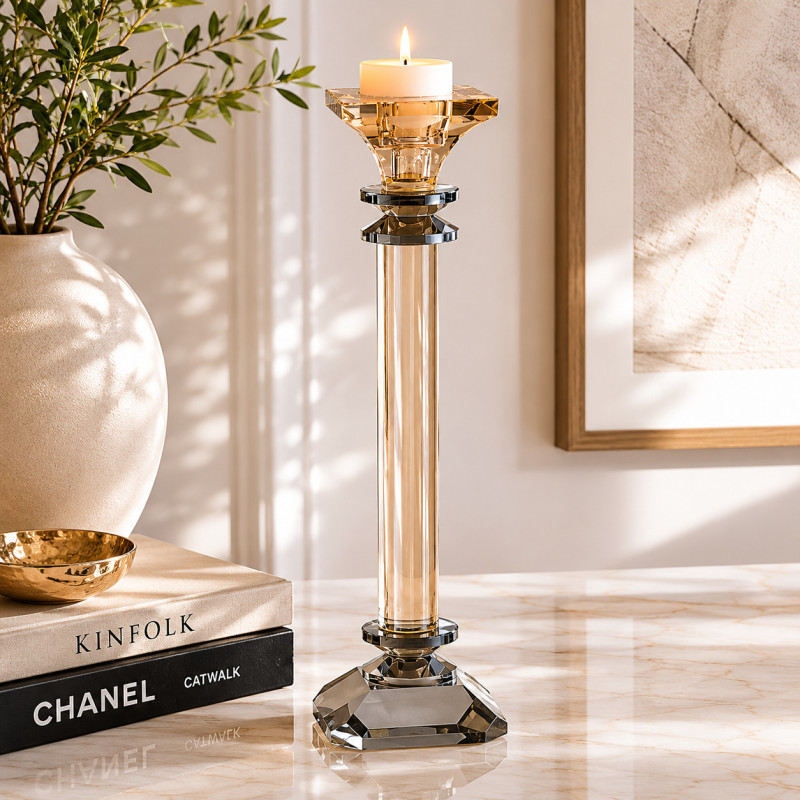 Porta Vela Cristal Amber Smoky 11x11x40cm