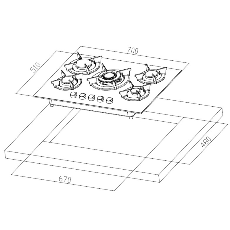 Cocina Ziente 4G+1TC 70x50cm Acero Inoxidable Mastermaid