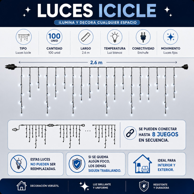 Luces de Navidad Icicle x100 Led 2.6m Luz Blanca