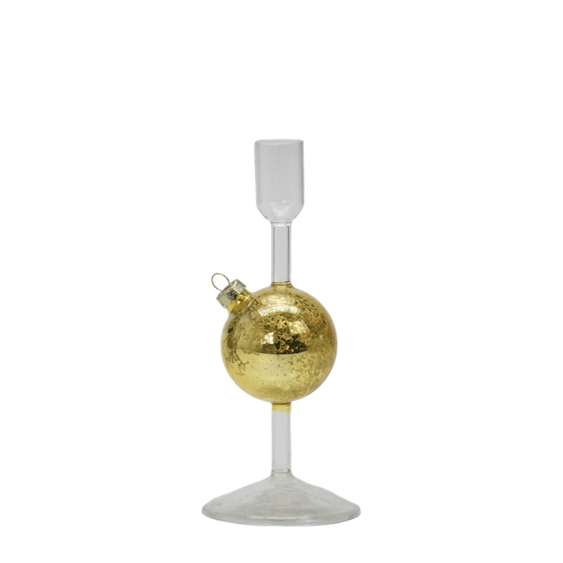 Candelabro de Vidrio con Bola Oro 7.5x18cm