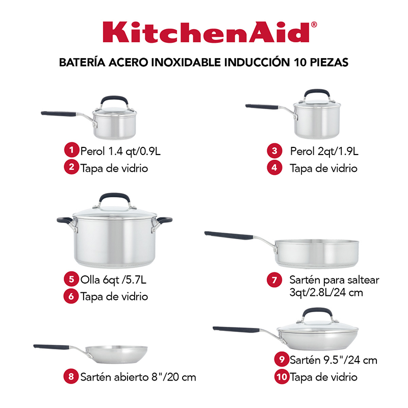 Ollas 10 Piezas Inducción Inoxidable Kitchenaid 