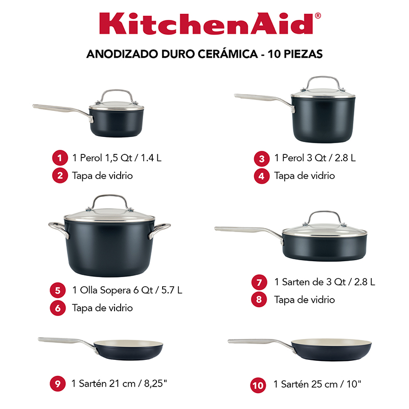 Ollas Juego 10 Piezas Cerámico Negro Kitchenaid 