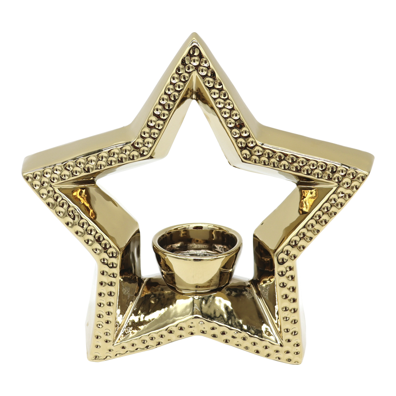 Porta Vela de Cerámica Diseño de Estrella 19cm Oro