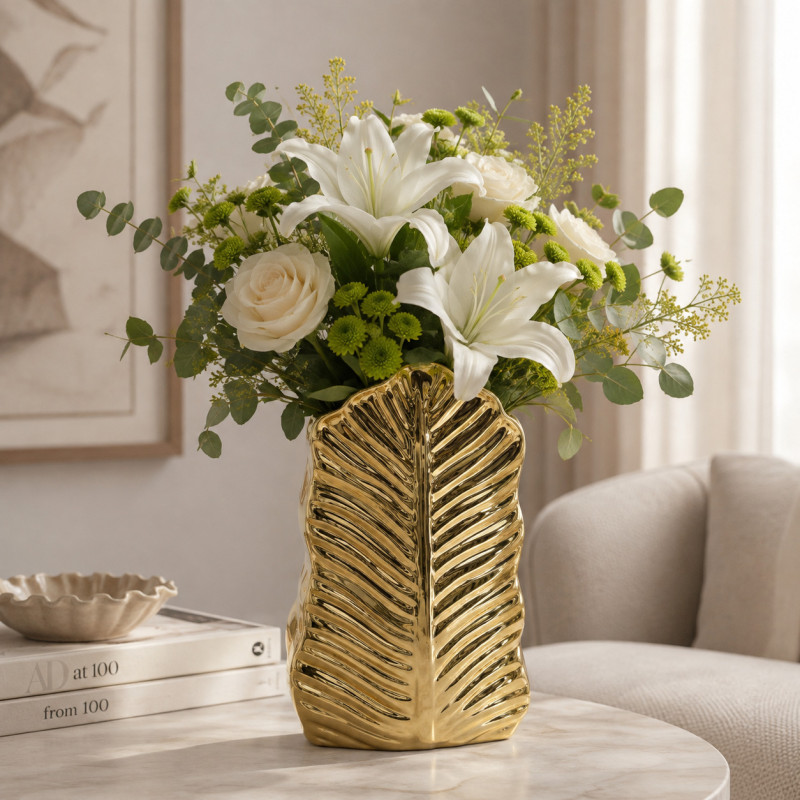 Florero de Cerámica Diseño de Hoja 30cm Oro