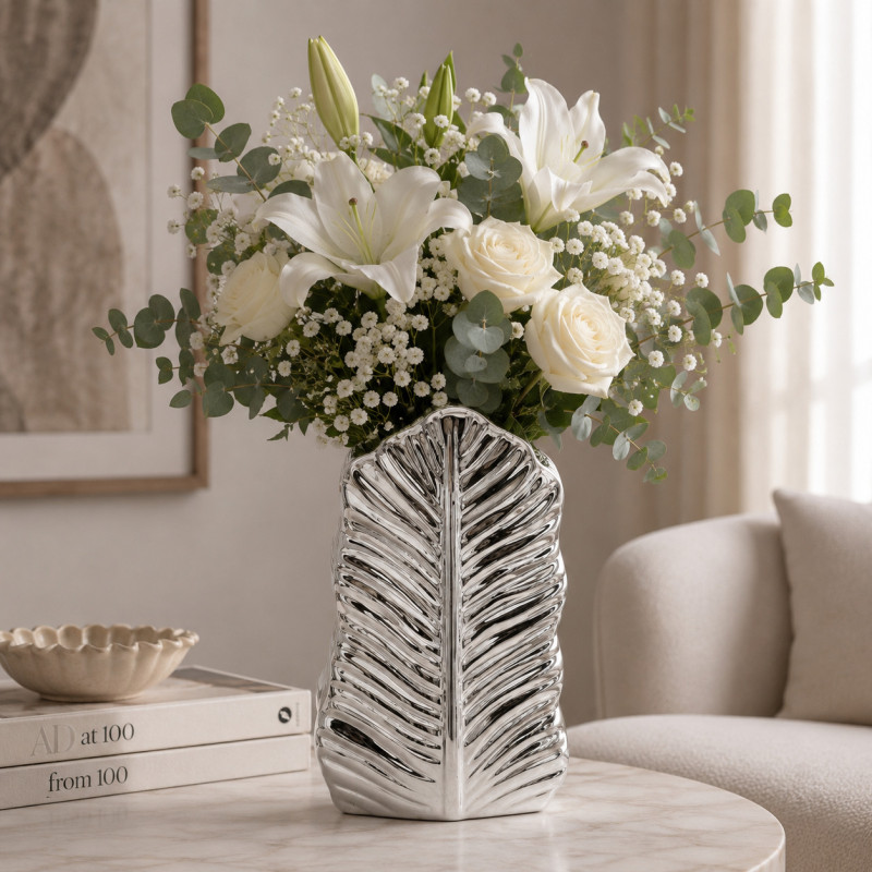 Florero de Cerámica Diseño de Hoja 30cm Plata