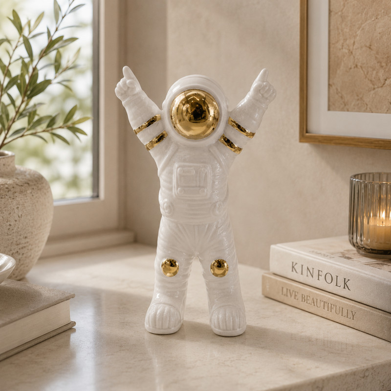 Adorno de Cerámica Astronauta Indice 25cm Blanco Oro