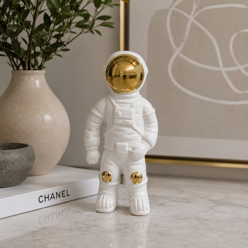 Adorno de Cerámica Astronauta 25cm Blanco Oro