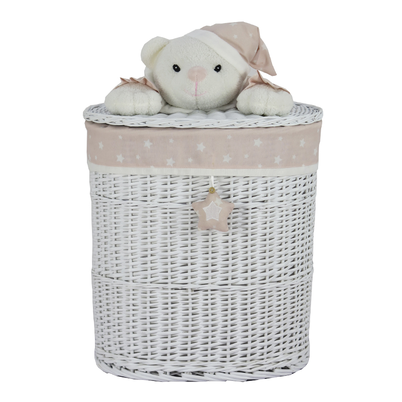 Cesto Tejido de Oso Blanco con Detalles Rosa 51X56X37cm