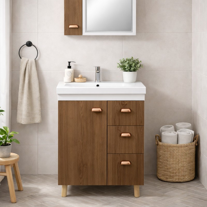 Mueble de Baño 60cm con Espejo Raya Blanca Nogal
