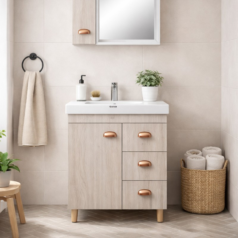 Mueble de Baño 60cm con Espejo Raya Blanco Roble