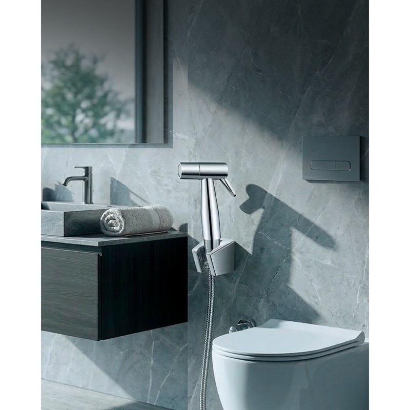 Ducha Teléfono Pistón Cromada con Soporte y Manguera