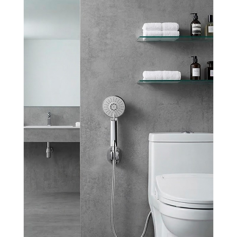Ducha Teléfono Redonda Cromada con Soporte y Manguera 