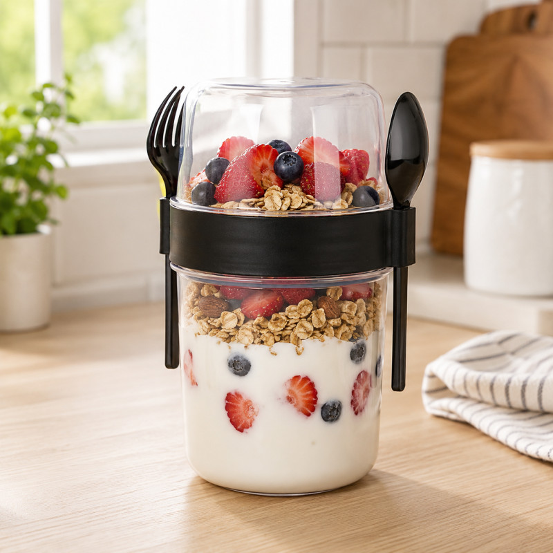 Vaso para Yogurt con Tenedor y Cuchara 1100ML