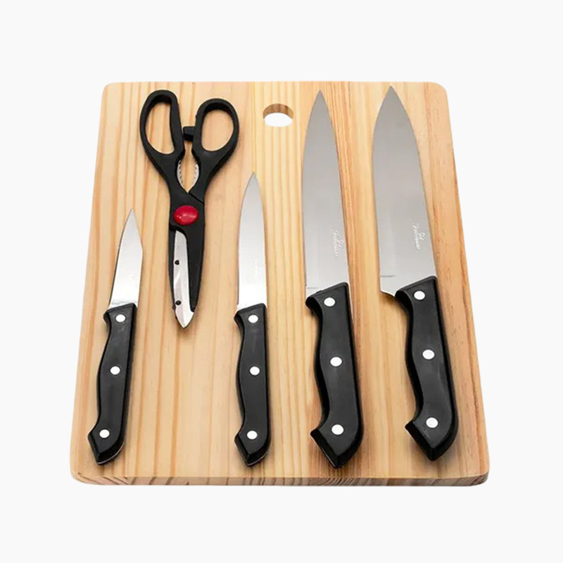 Tabla de Picar de Madera con Cuchillos y Tijera 6 Piezas