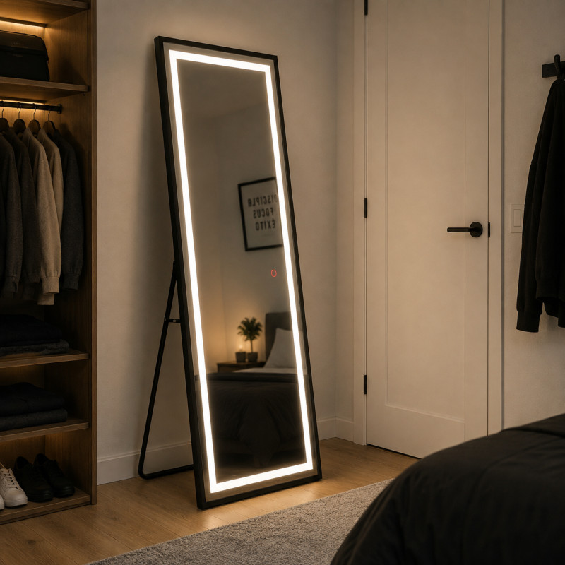 Espejo 150x50cm Cuerpo Entero Led Negro con Soporte
