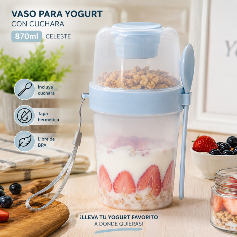 Vaso para Yogurt con Cuchara 870ml Celeste
