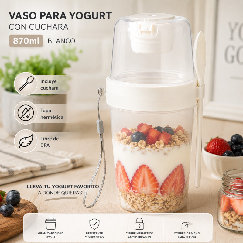Vaso para Yogurt con Cuchara 870ml Blanco