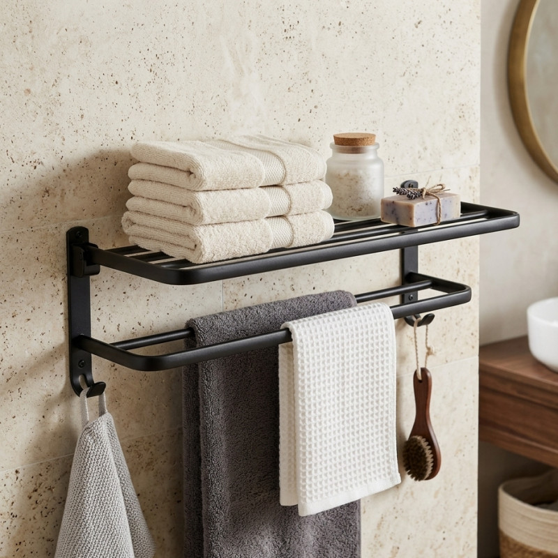 Repisa con Toallero Doble Móvil Negro