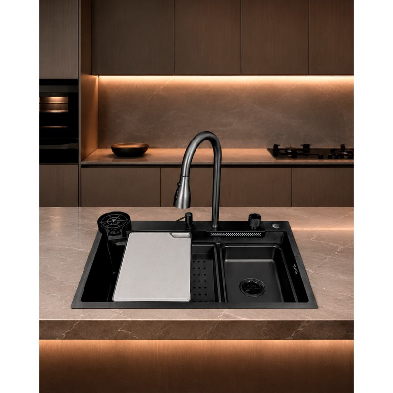 Fregadero 75x46x23cm Negro con Grifería y Accesorios Mastermaid