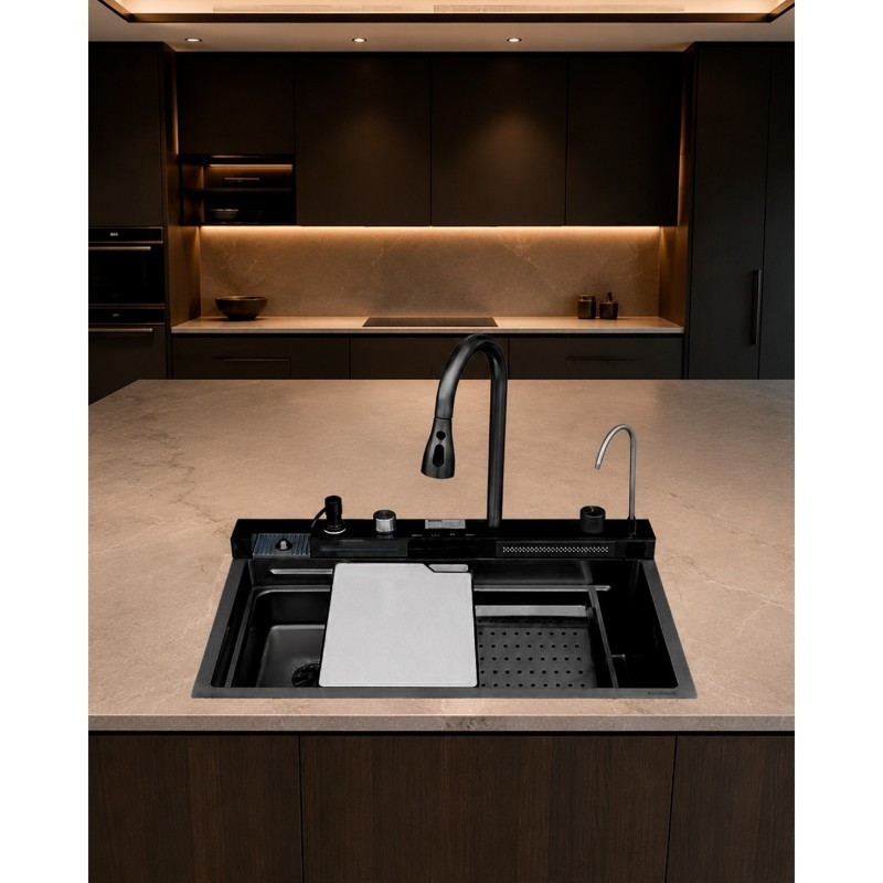 Fregadero 75x46x23cm Negro con Grifería Push y Accesorio  Mastermaid 