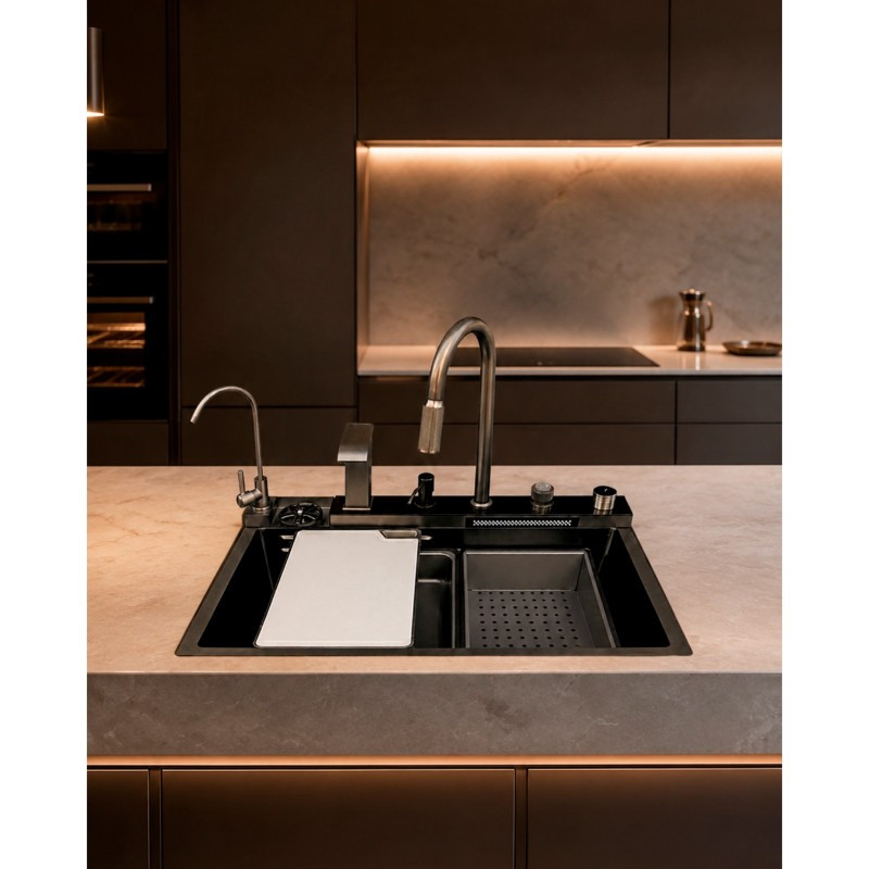 Fregadero 75x46x23cm Negro con Grifería Secadora y Accesorios Mastermaid