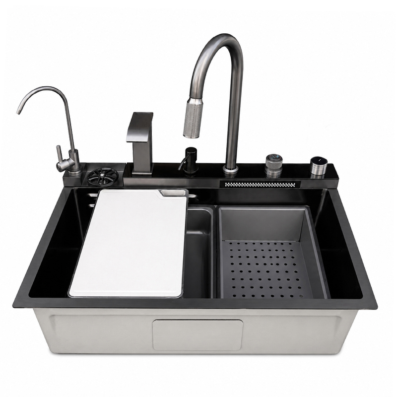Fregadero 75x46x23cm Negro con Grifería Secadora y Accesorios Mastermaid