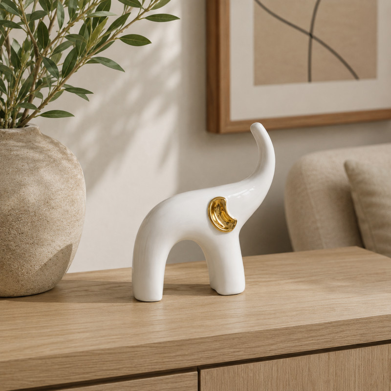 Adorno Elefante Blanco Oro 17cm