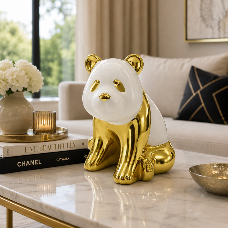 Adorno de Cerámica Panda Sentado 19cm Blanco Oro