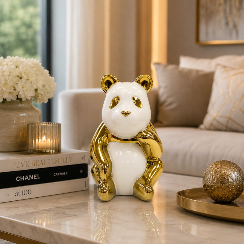 Adorno de Cerámica Panda Blanco Oro 20cm