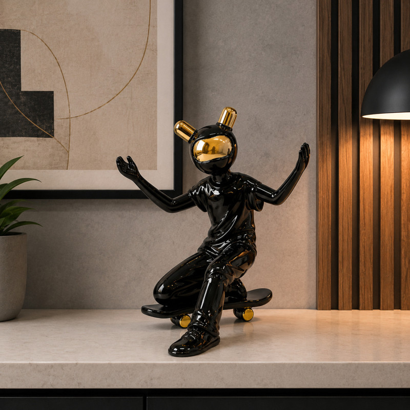 Adorno de Cerámica Skater 27x19cm Negro Oro