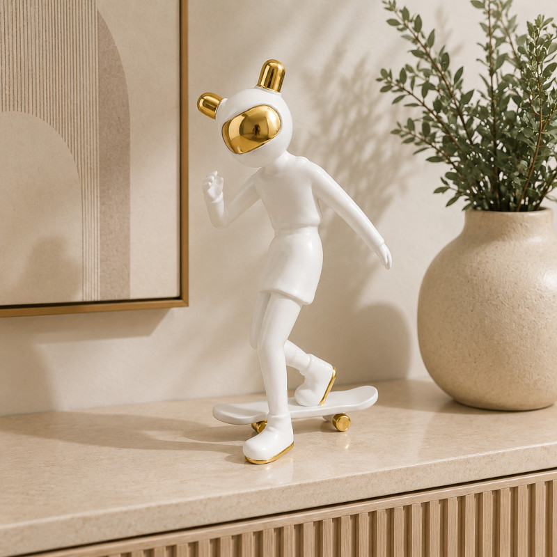 Adorno de Cerámica Skater 34x16cm Blanco Oro