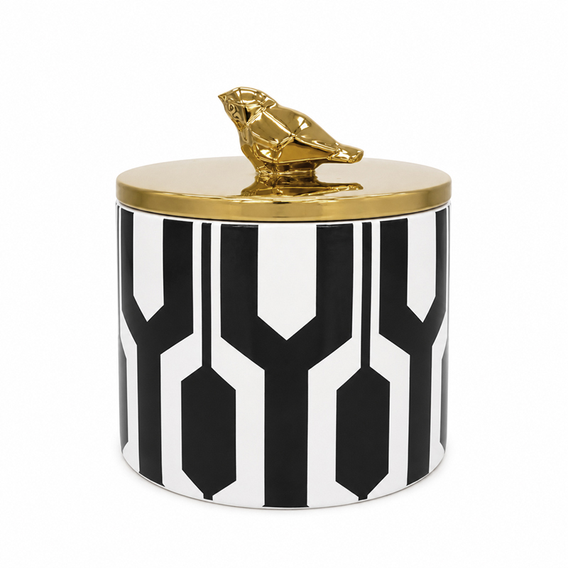 Adorno Caja Decorativa 18x20cm Blanco Negro Oro