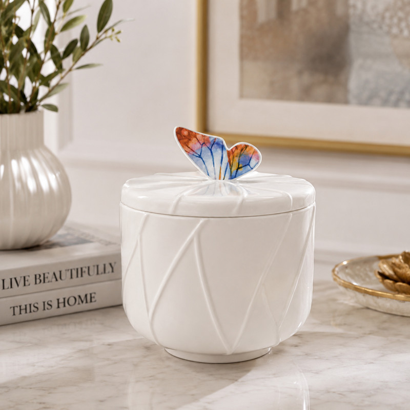 Adorno Caja Decorativa Cerámica 22x17cm Blanco Mariposa