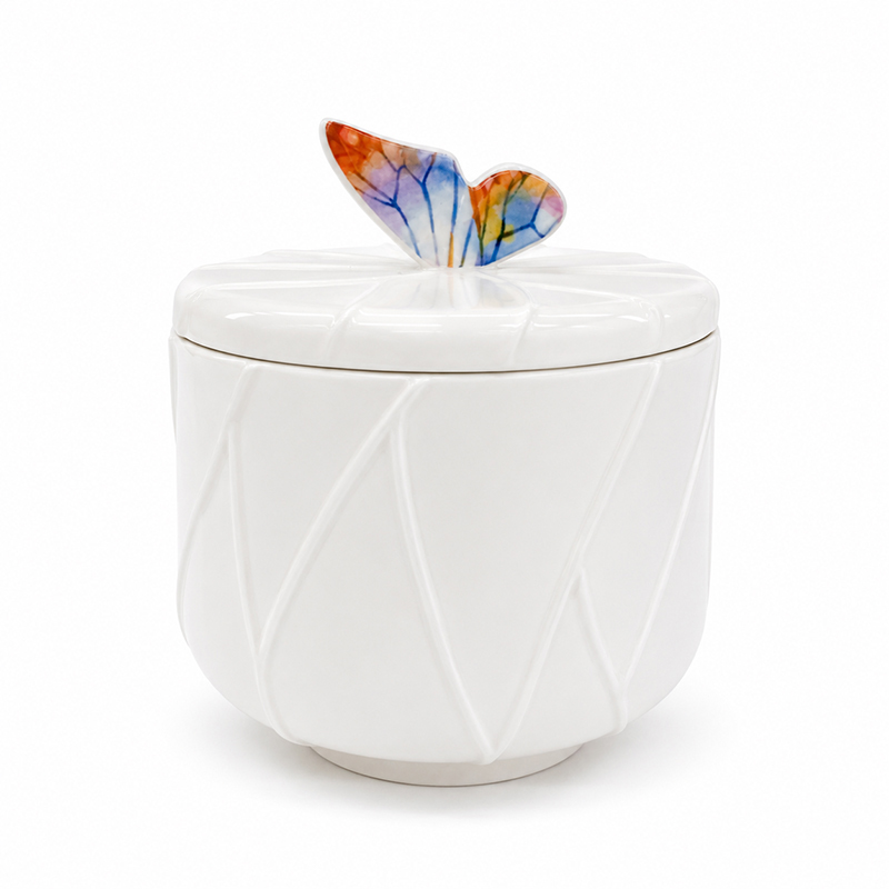 Adorno Caja Decorativa Cerámica 22x17cm Blanco Mariposa