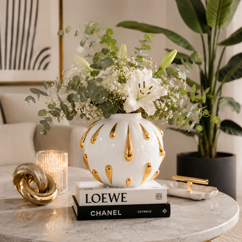 Adorno de Cerámica Florero 19x21cm Blanco Gotas Oro